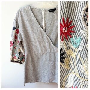RD & Koko striped cotton embroidered wrap bodice blouse with puff sleeves